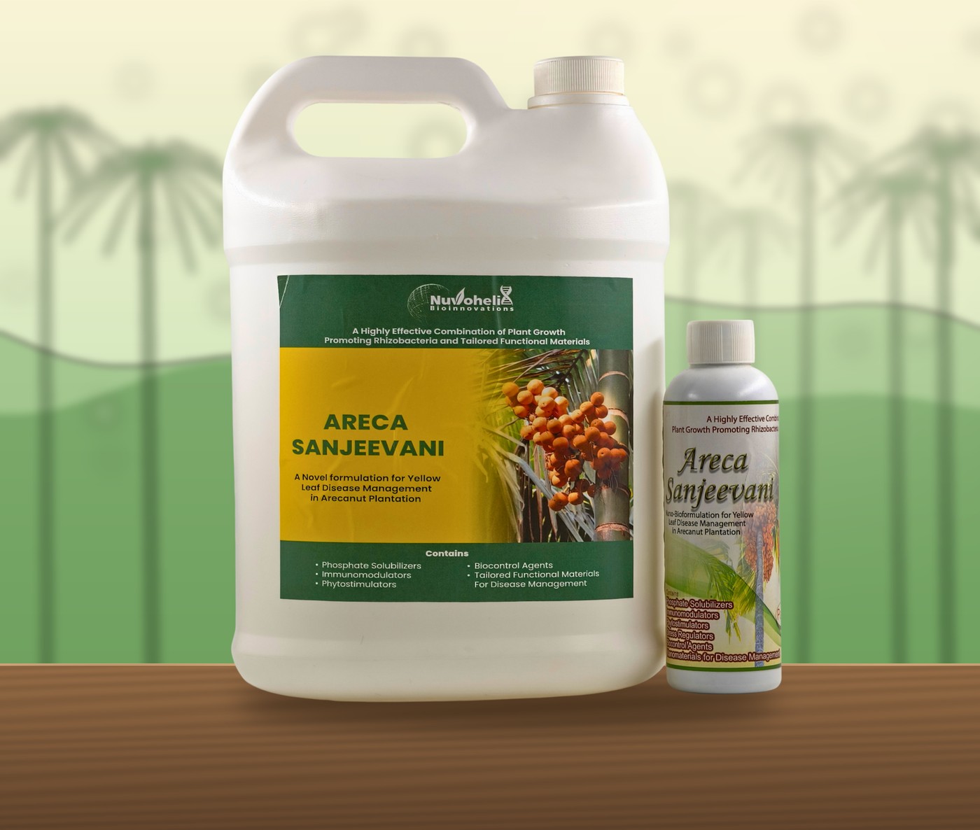 Areca Sanjeevani 5-litre can and bottle in an arecanut plantation setting