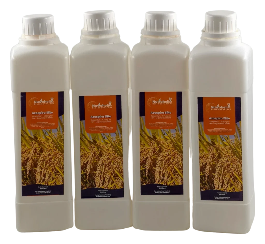 Azospira Elite biofertilizer bottles by Nuvohelix
