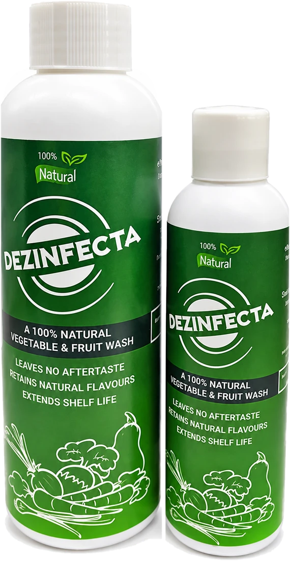 Dezinfecta 100% natural vegetable and fruit wash, two bottle sizes