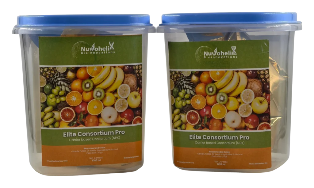 Elite Consortium Pro biofertilizer bottles by Nuvohelix