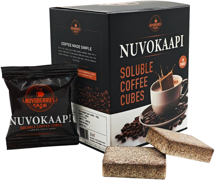 Nuvokaapi soluble coffee cubes: box, single-cube sachet and two coffee cubes