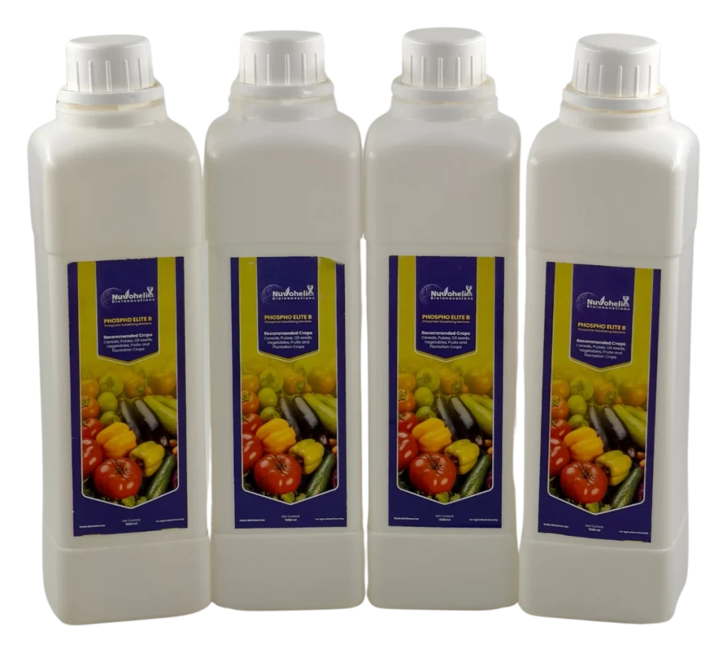 Phospho Elite B biofertilizer bottles by Nuvohelix
