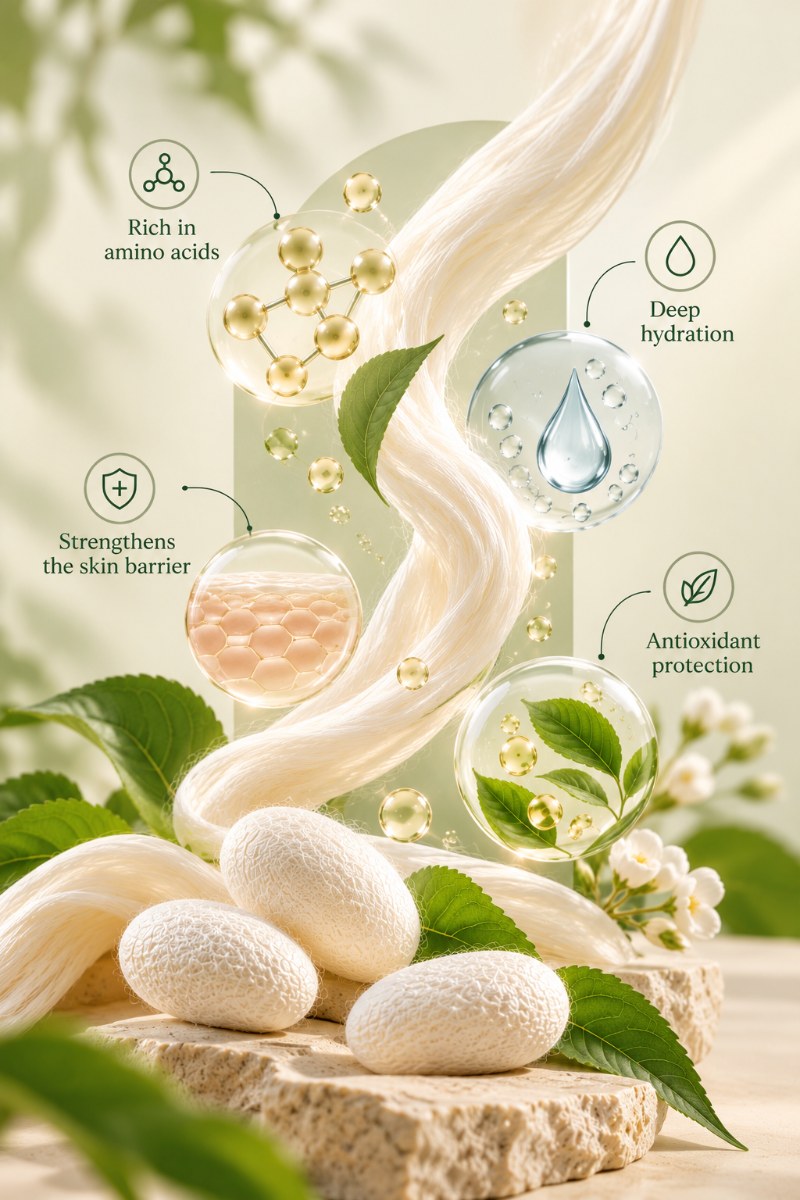 Silk protein benefits: rich in amino acids, deep hydration, strengthens the skin barrier, antioxidant protection